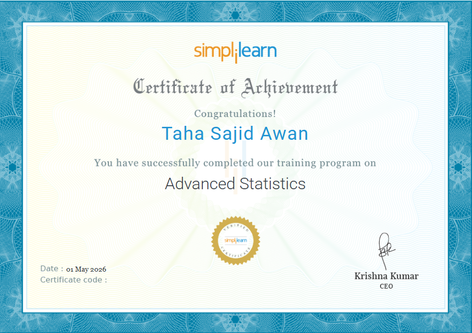 Advanced Statistics for Data Science certificate from Simplilearn