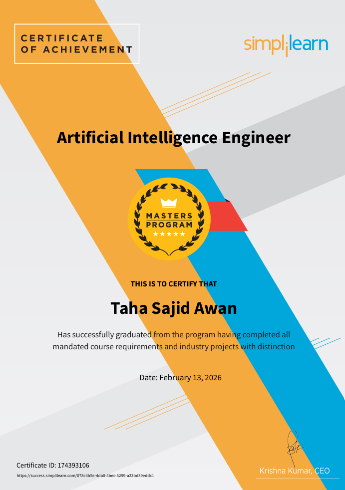 Artificial Intelligence Engineer — Masters Program certificate from Simplilearn