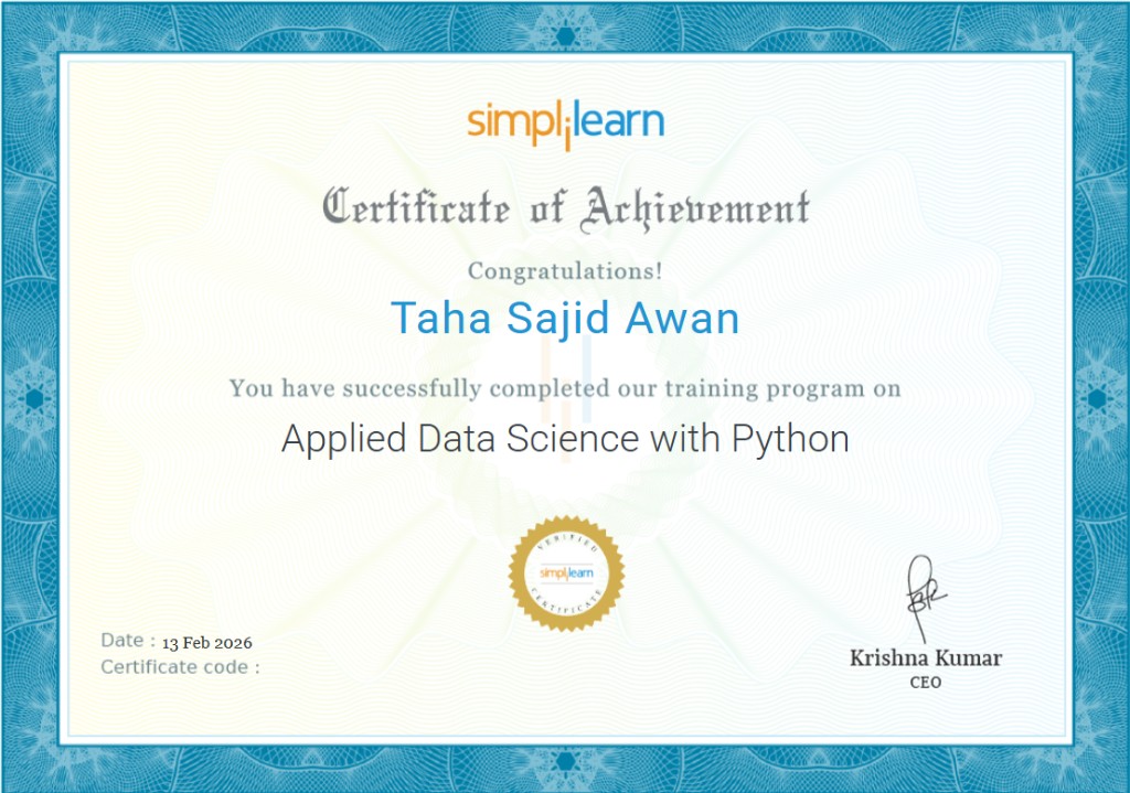Applied Data Science with Python certificate from Simplilearn