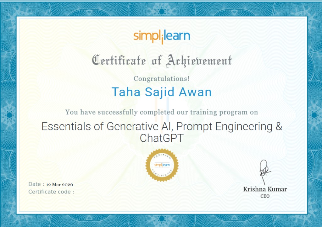 Essentials of Generative AI, Prompt Engineering & ChatGPT certificate from Simplilearn