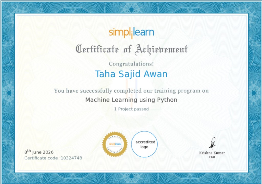 Machine Learning using Python certificate from Simplilearn