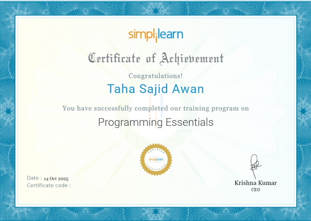 Programming Essentials certificate from Simplilearn