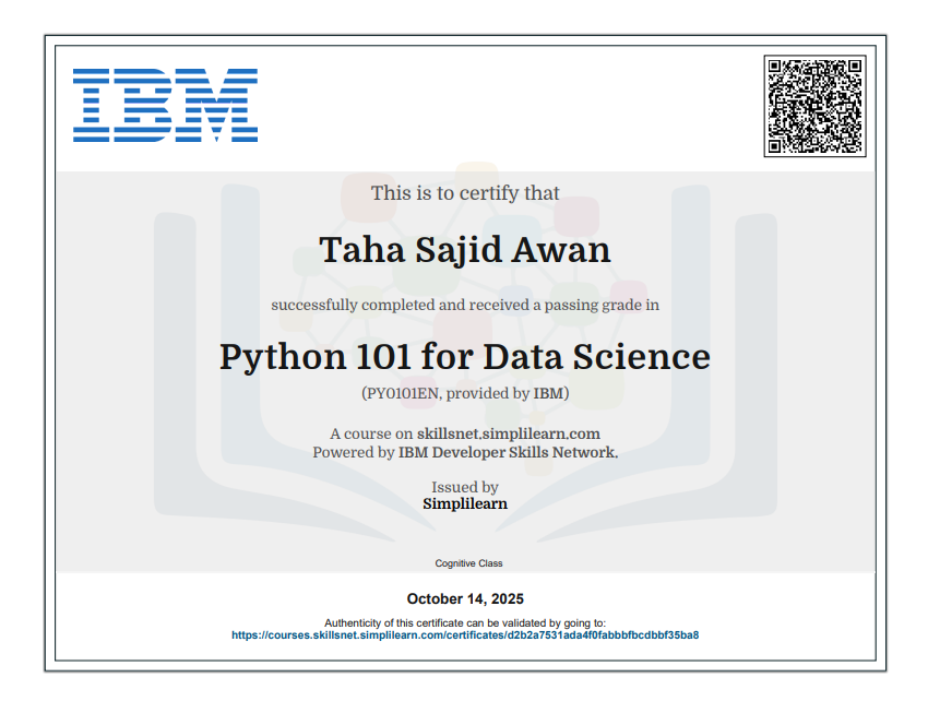 Python 101 for Data Science certificate from IBM · Simplilearn